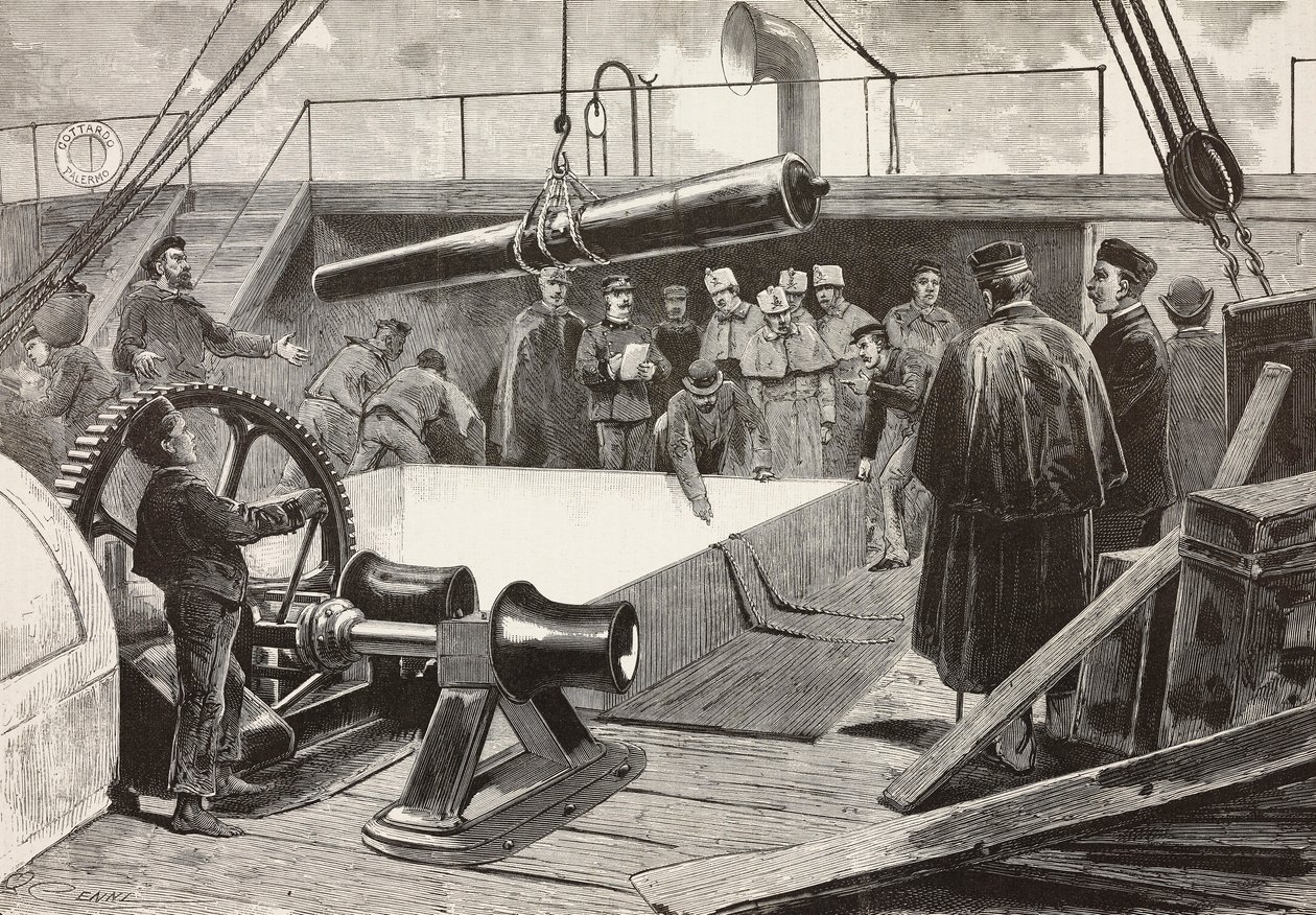 Marinai e ufficiali italiani che allestiscono la nave Gottardo, spedizione italiana nel Mar Rosso, Palermo, Italia, incisione da disegno di Quinto Cenni e schizzo di Dante Paolocci, da L