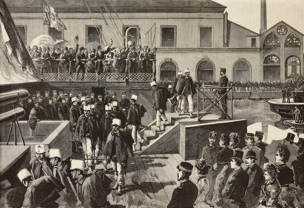 Soldati italiani che salgono a bordo della nave Washington, Napoli, Italia, terza spedizione italiana nel Mar Rosso, incisione da un disegno di Quinto Cenni e schizzo di M Del Don, da L