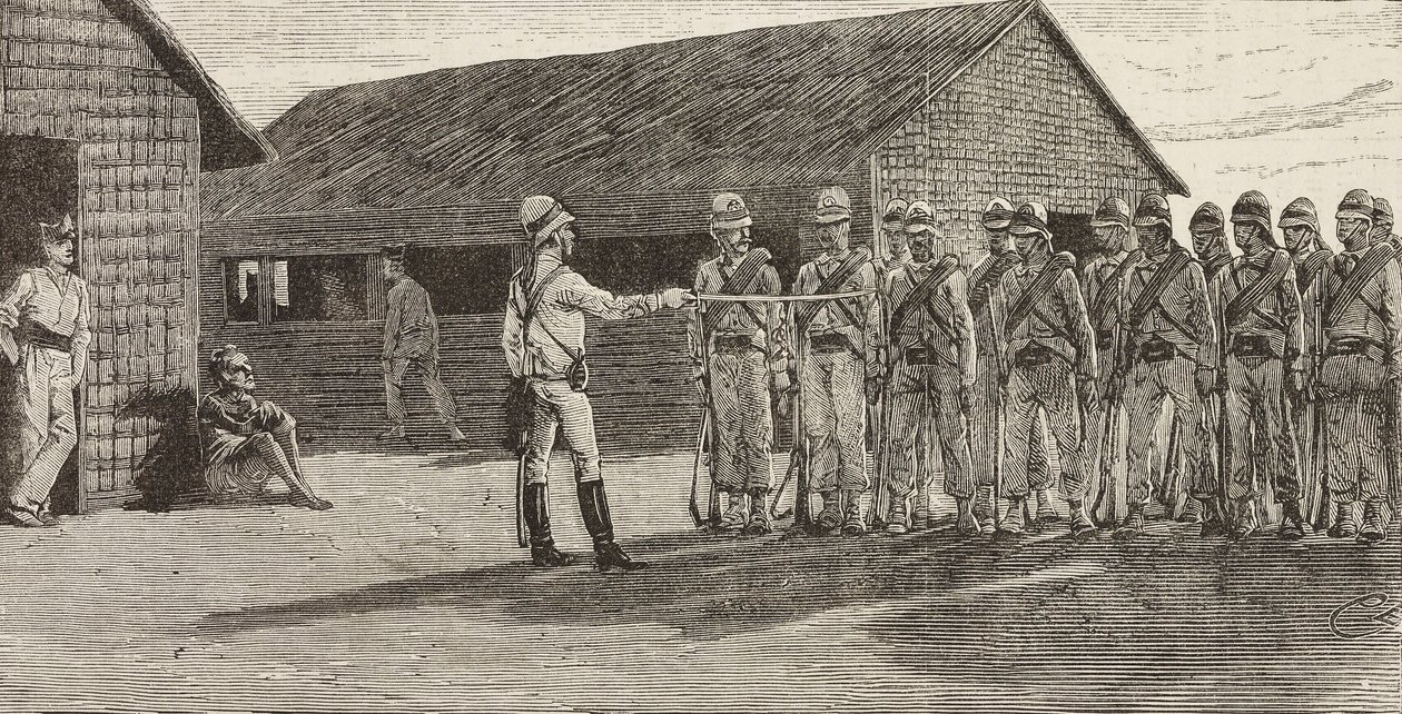 Soldati italiani in formazione, Massaua, Eritrea, incisione da un disegno di Quinto Cenni e uno schizzo di Pieragostini, da L