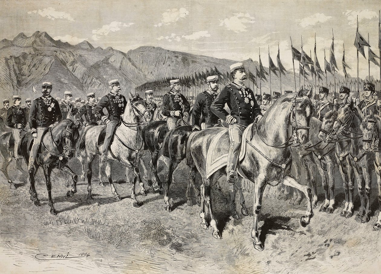 Re Umberto I ispeziona i lancieri di Firenze, con il generale Martin di Montu dietro di lui, 28 settembre, esercitazioni di cavalleria a Pordenone, Italia, incisione da un disegno di Quinto Cenni, da L