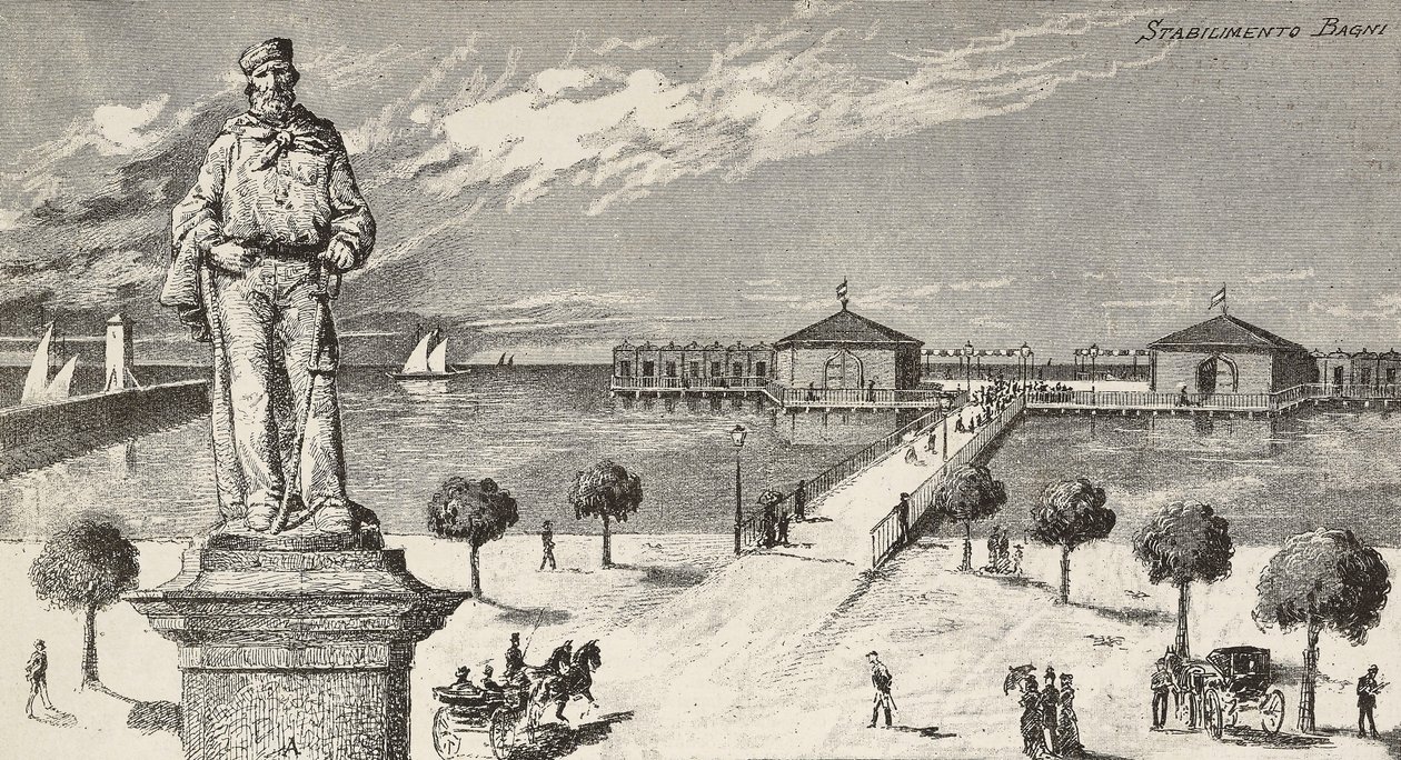 Monumento in memoria di Giuseppe Garibaldi (1807-1882), politico e patriota italiano, e stabilimento balneare sullo sfondo, Cesenatico, Italia da Quinto Cenni