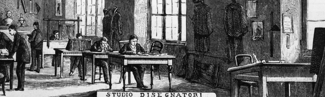 Uffici dei fratelli Treves, dipartimento dei designer, Milano, Italia, illustrazione di Quinto Cenni da L