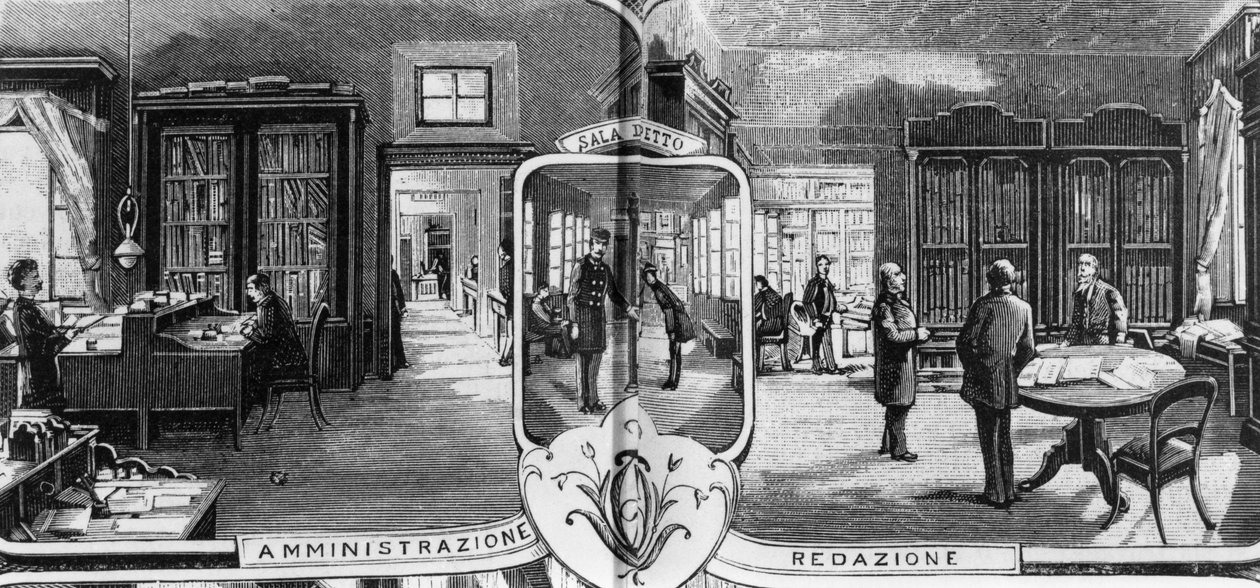 Uffici dei fratelli Treves, redazione e amministrazione, Milano, Italia, illustrazione di Quinto Cenni (1845-1917) da L