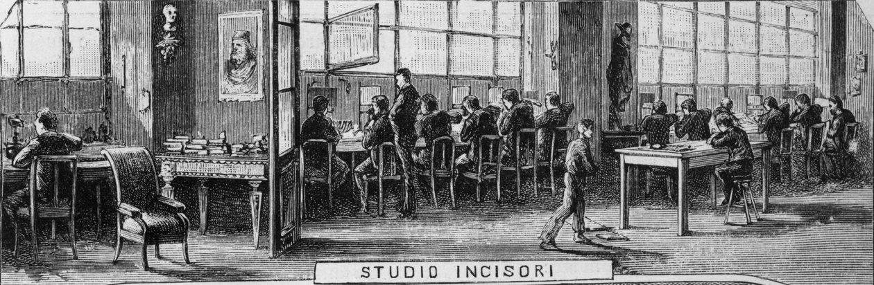 Uffici dei fratelli Treves, dipartimento degli incisori, Milano, Italia, illustrazione di Quinto Cenni da L