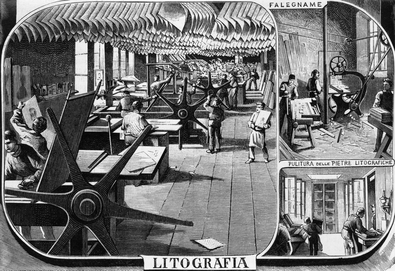 Uffici dei fratelli Treves, reparto litografia, Milano, Italia, illustrazione di Quinto Cenni (1845-1917) da L