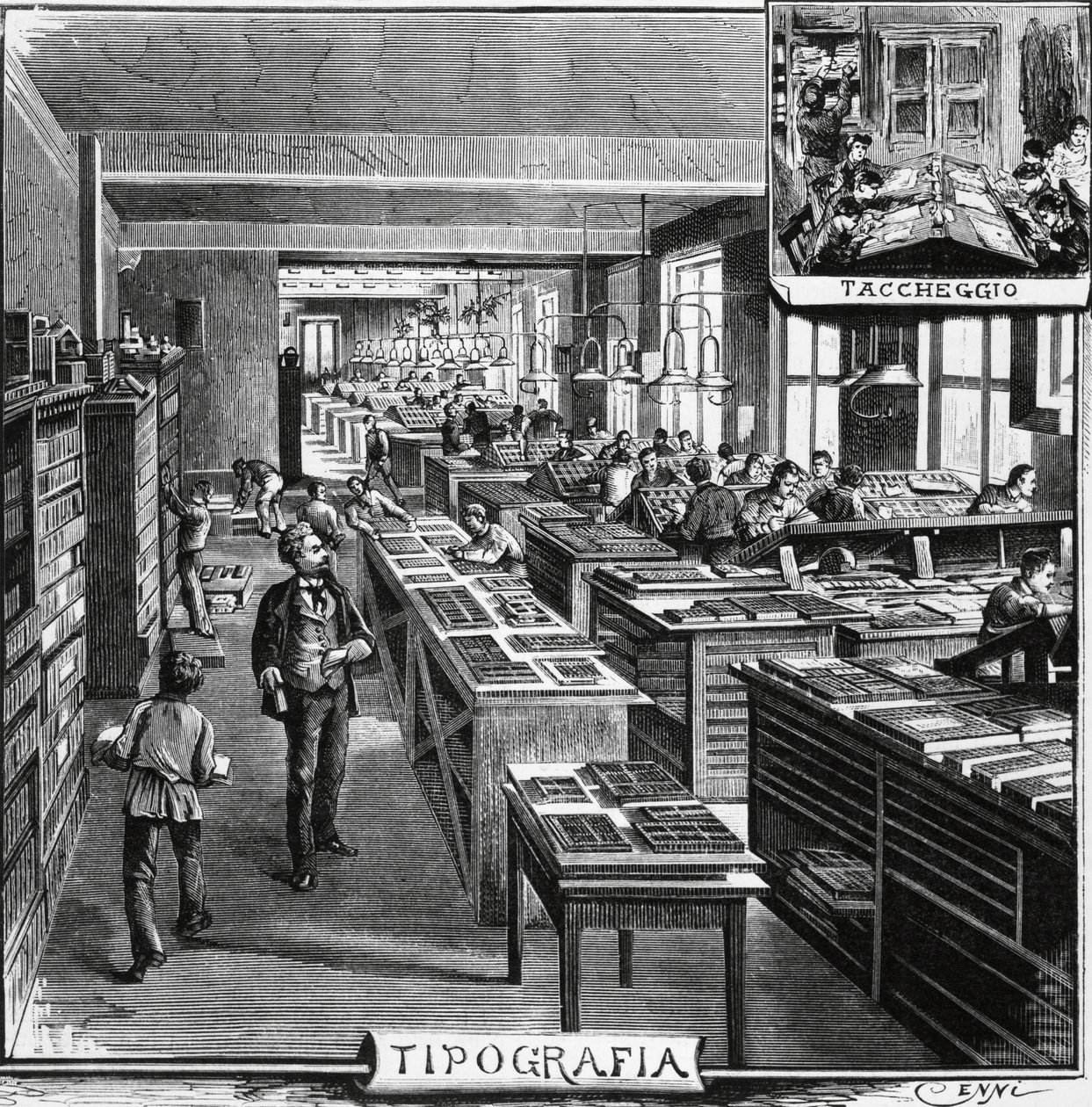 Uffici dei fratelli Treves, tipografia e sovrapposizione, Milano, Italia, illustrazione di Quinto Cenni da L