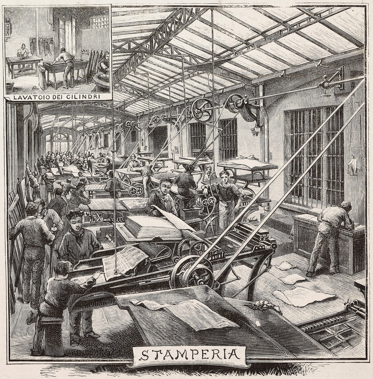 Tipografia nella casa editrice Fratelli Treves, Milano, Italia, incisione da disegno di Quinto Cenni, da L