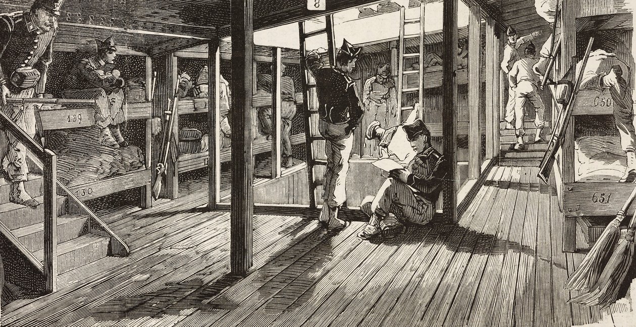 Soldati sotto coperta nel dormitorio, nave Principe Amedeo, spedizione italiana nel Mar Rosso, incisione da disegno di Quinto Cenni e schizzo di M Dal Don, da L