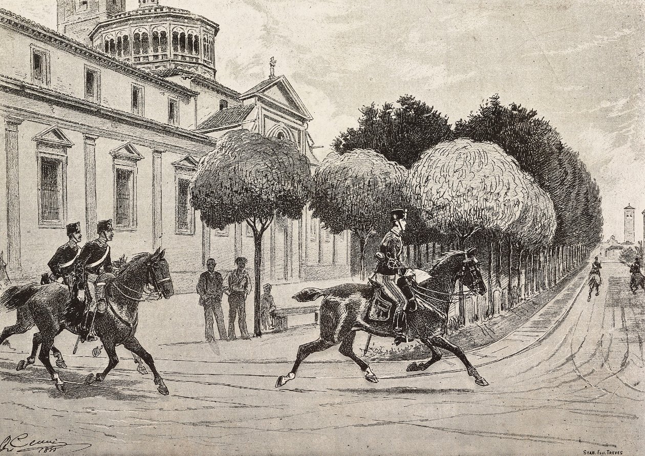 Soldati a cavallo che passano davanti al Santuario della Beata Vergine dei Miracoli, Saronno, Italia, incisione da un disegno di Quinto Cenni, da L