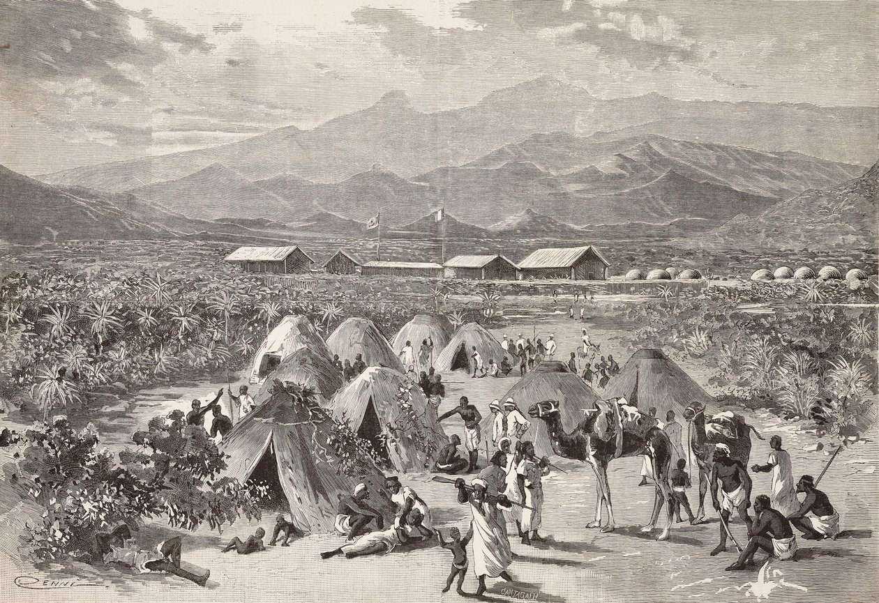 Tende del campo profughi di Zula, Arafali, Eritrea, incisione di Cantagalli da un disegno di Quinto Cenni e uno schizzo di Pieragostini, da L