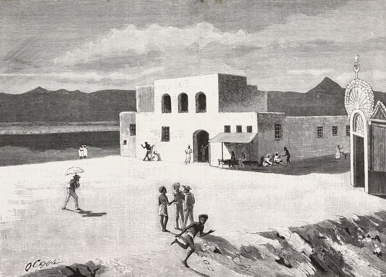 Edificio delle Poste Italiane, Massaua, Eritrea, incisione da un disegno di Quinto Cenni e uno schizzo di Pieragostini, da L