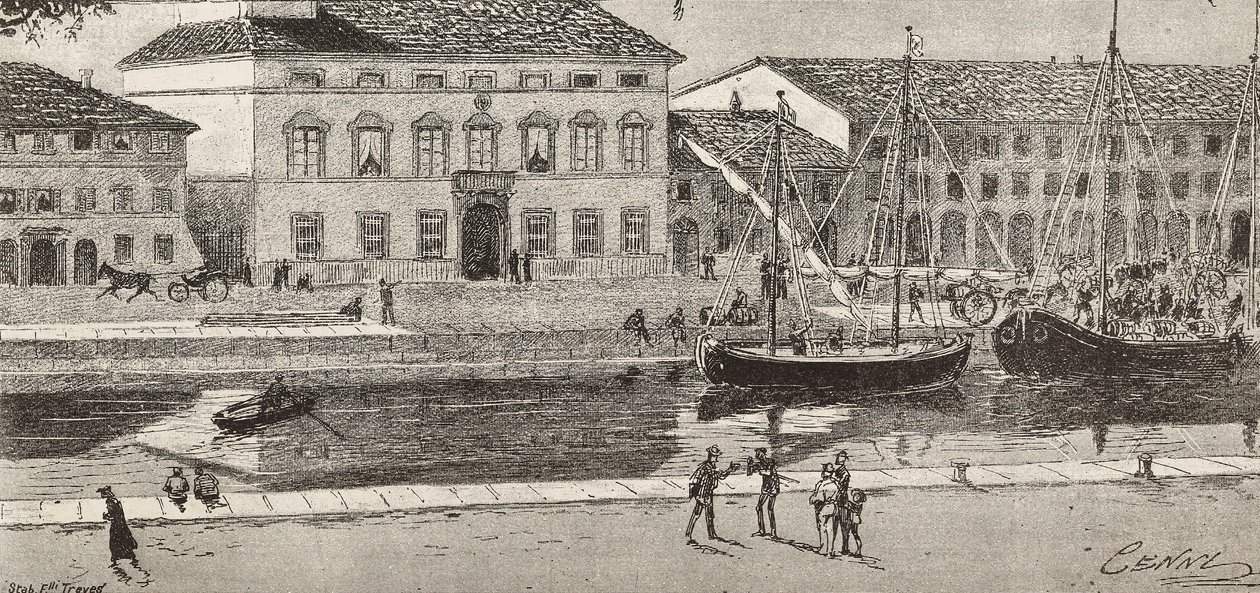 Il municipio e il canale del porto, Cesenatico, Italia, incisione da un disegno di Quinto Cenni e uno schizzo di Ulisse Topi, da L