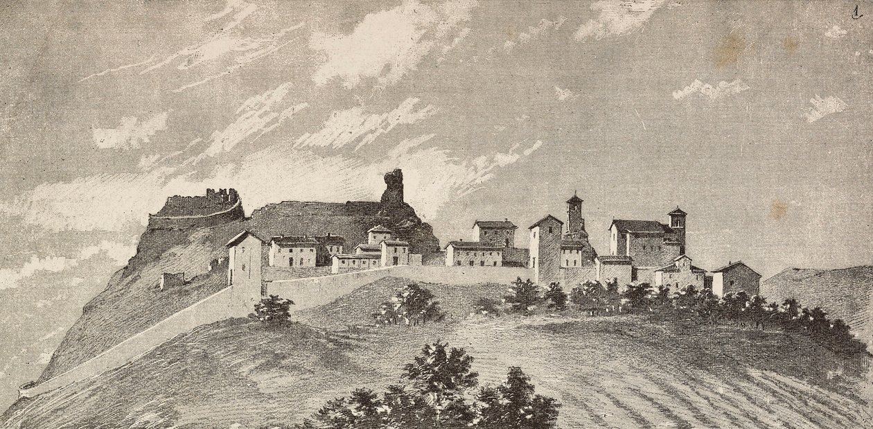 La città di San Giovanni in Galilea, Italia, incisione da un disegno di Quinto Cenni e uno schizzo di Ulisse Topi, da L