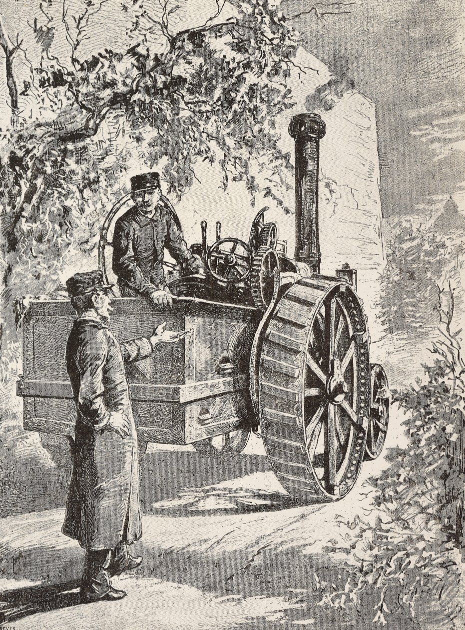 Due ingegneri militari italiani su locomotiva stradale, nelle loro nuove uniformi, incisione da disegno di Quinto Cenni, da L