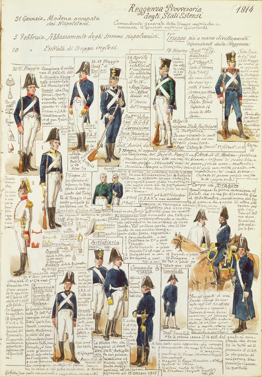 Uniformi al tempo del governo provvisorio degli Stati Estensi, tavola a colori di Quinto Cenni da Quinto Cenni
