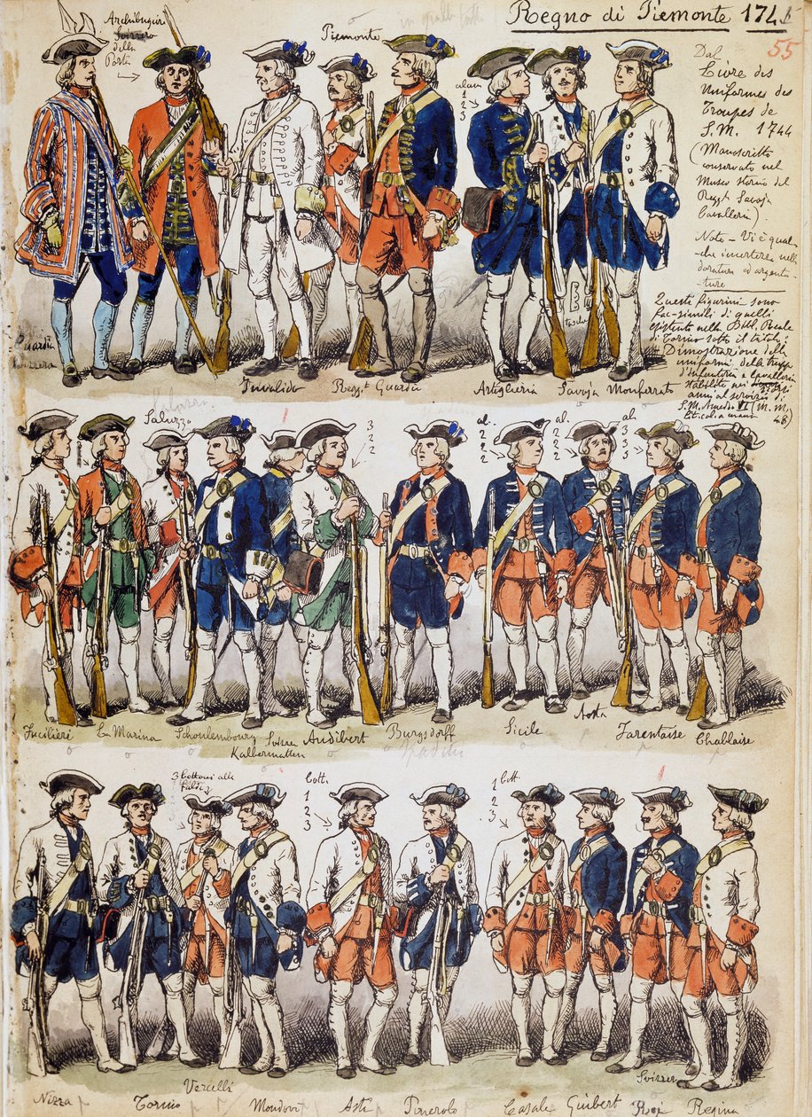 Uniformi delle truppe del Regno di Piemonte nel 1744, tavola tratta dal Codice Cenni, collezione di schizzi militari disegnati da Quinto Cenni da Quinto Cenni