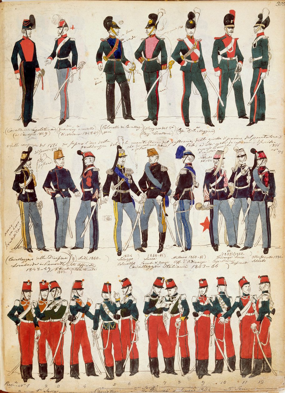 Vari uniformi italiane in uso comune intorno al 1860 di Quinto Cenni, tavola a colori da Quinto Cenni