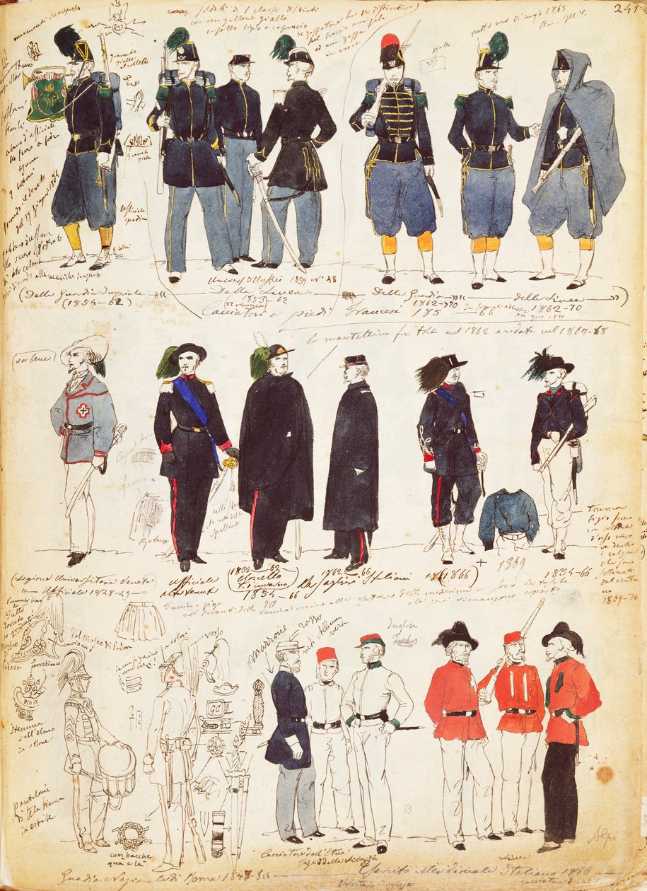 Vari uniformi italiane in uso comune tra il 1847 e il 1870 di Quinto Cenni, tavola a colori da Quinto Cenni