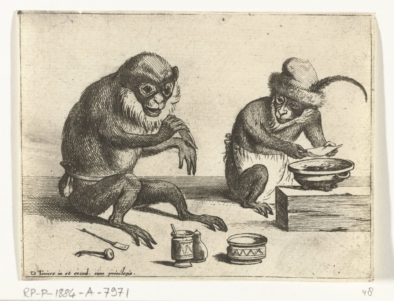 Una scimmia applica una benda Diverse attività della vita umana rappresentate dalle scimmie (serie) il Gioco delle scimmie nel mondo (serie) da Quirin Boel