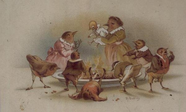 Famiglia di uccelli, cartolina di Natale vittoriana da R. Dudley