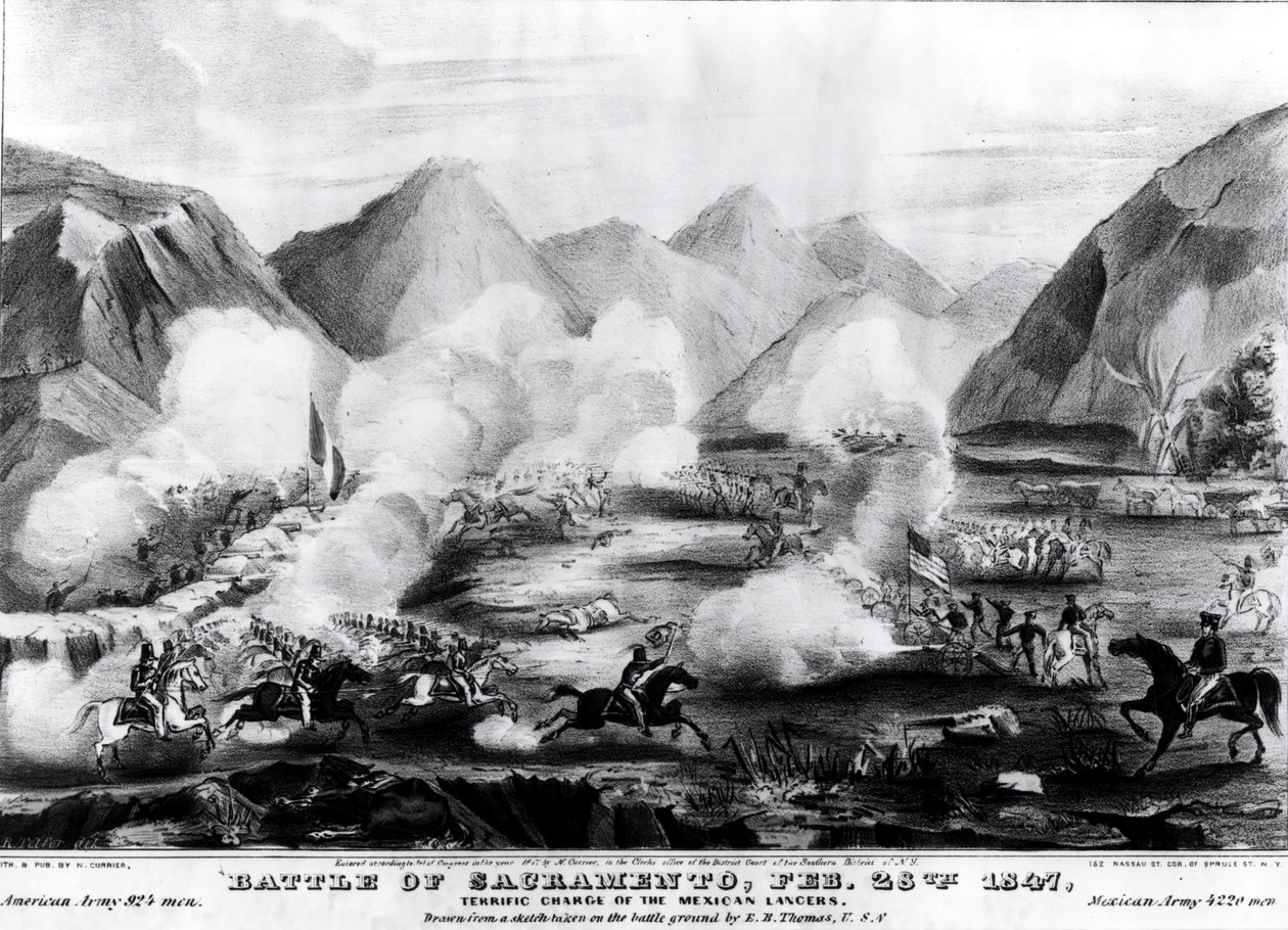 Battaglia di Sacramento: Carica terrificante dei lancieri messicani, 28 febbraio 1847, inciso e pubblicato da Nathanial Currier, 1847 da R. Telfer