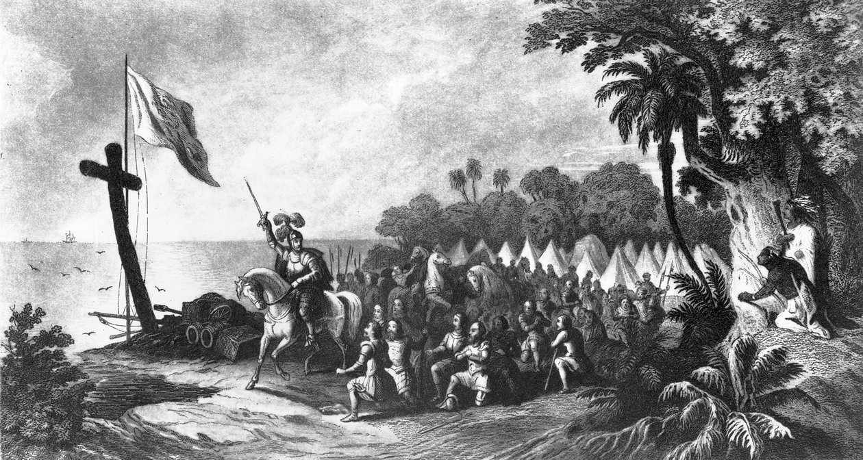 Lo sbarco a Tampa Bay: De Soto e i suoi seguaci giurano di conquistare o morire, inciso da John Sartain da R. Telfer