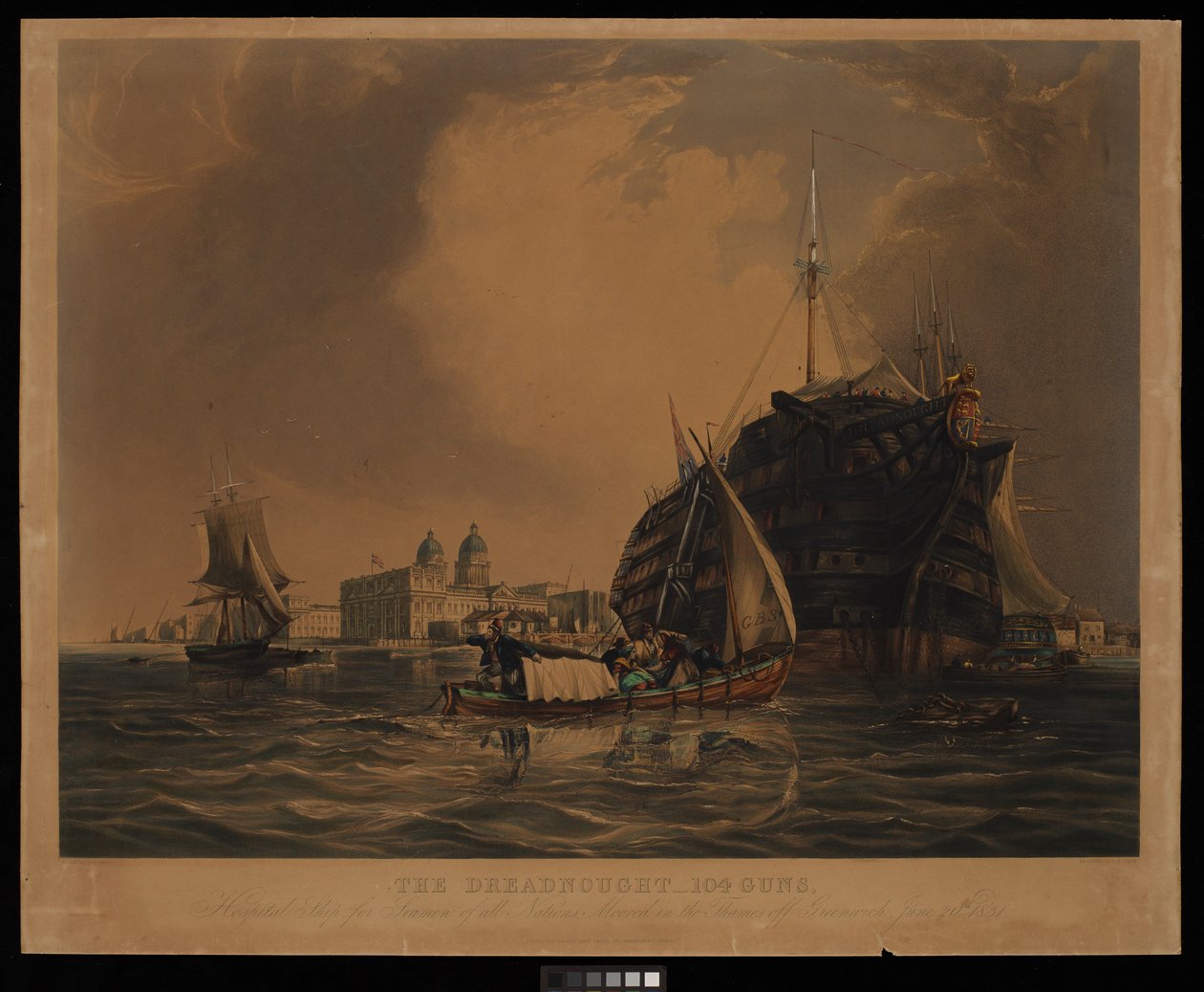 Il Dreadnought 104 cannoni, nave ospedale per marinai di tutte le nazioni, ancorata nel Tamigi al largo di Greenwich, 20 giugno 1831 da R. W. Price