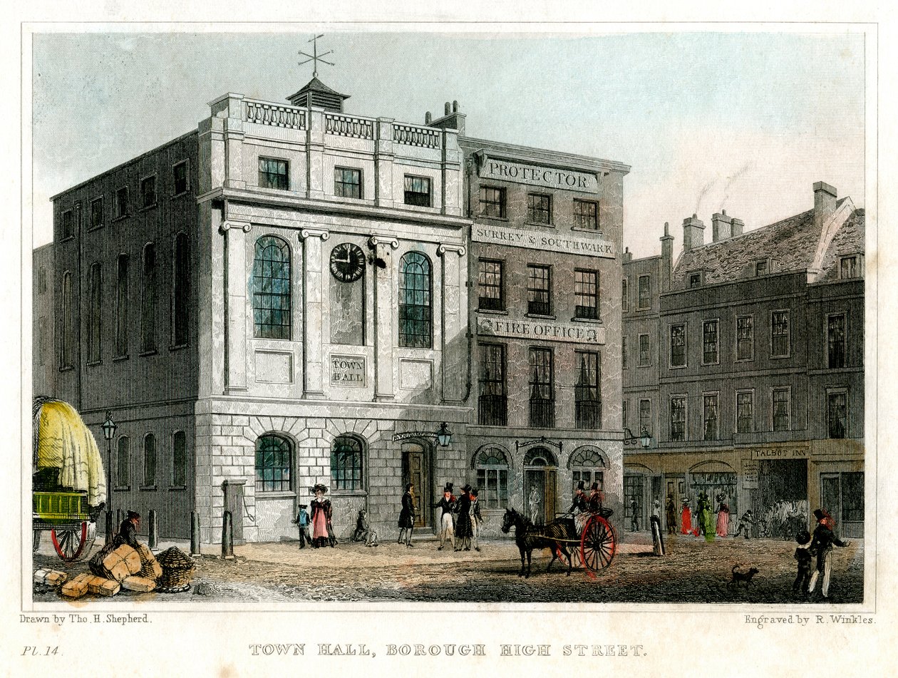 Municipio, Borough High Street, Southwark, Londra, 1830 da R. Winkles