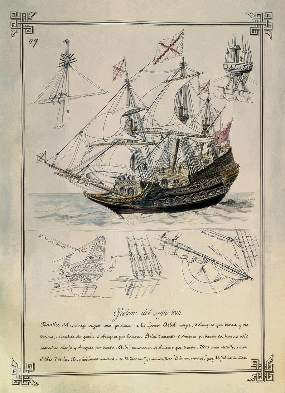 Galeone del XVII Secolo in un Disegno del XIX Secolo da Rafael Monleon y Torres