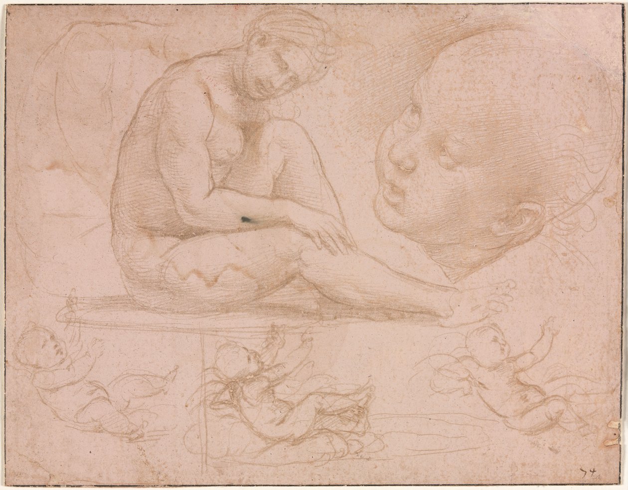 Studi di una donna seduta, testa di bambino e tre studi di un neonato, c. 1507-8 da Raffaello Sanzio Raphael