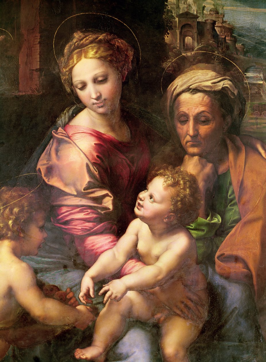 La Sacra Famiglia (o La Perla), dettaglio: la Vergine, Santa Elisabetta e il Bambino, c.1518 da Raffaello Sanzio Raphael