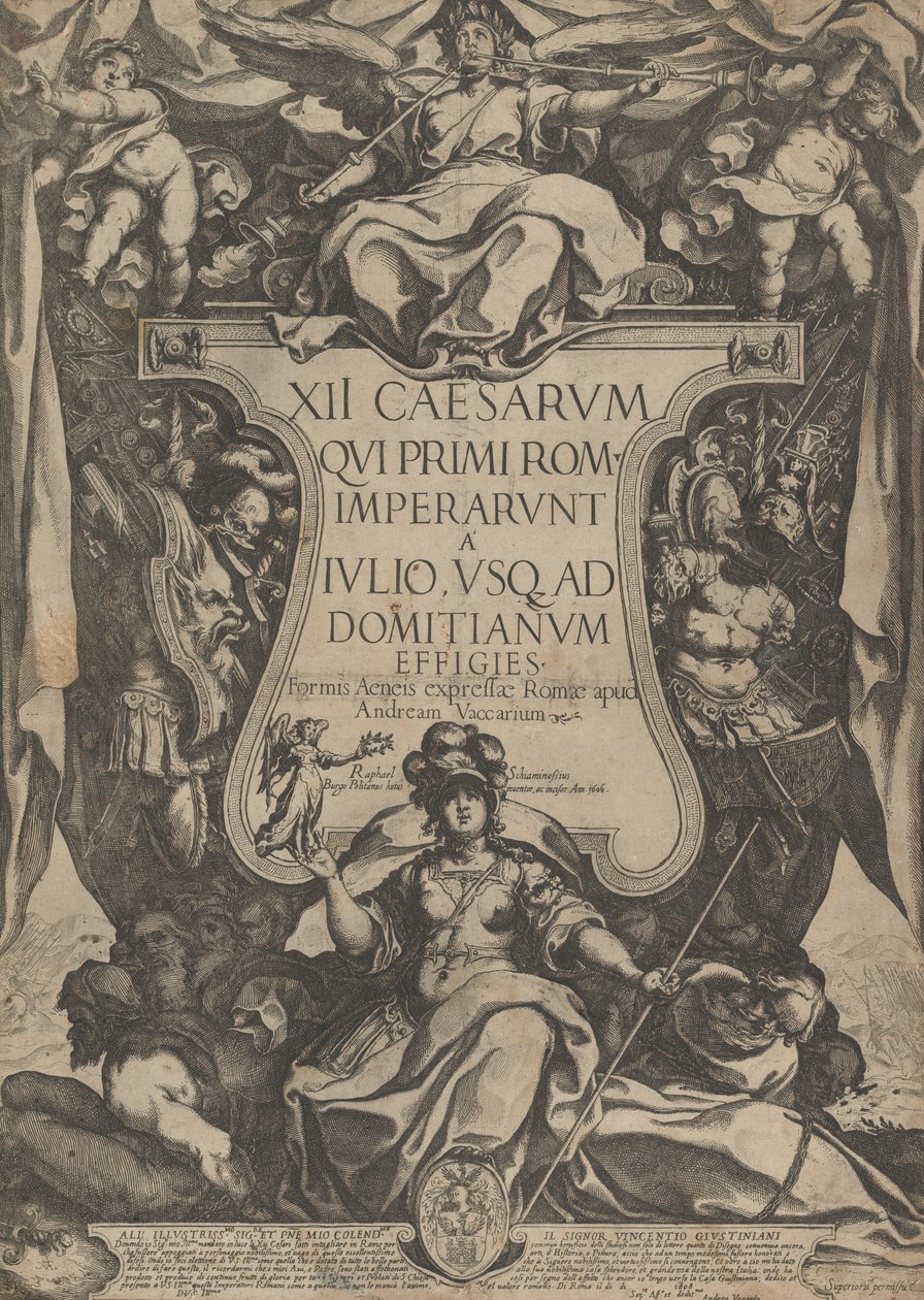 Frontespizio con un trombettiere che suona trombe seduto sopra un cartiglio, 1606 da Raffaello Schiaminossi