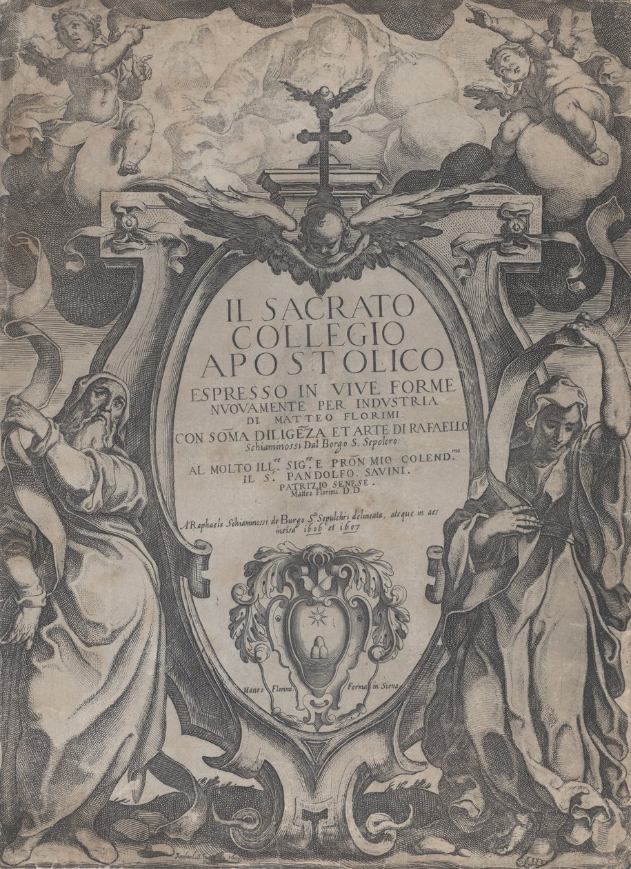 Frontespizio con due figure che tengono pergamene e cherubini che fiancheggiano il cartiglio da Raffaello Schiaminossi