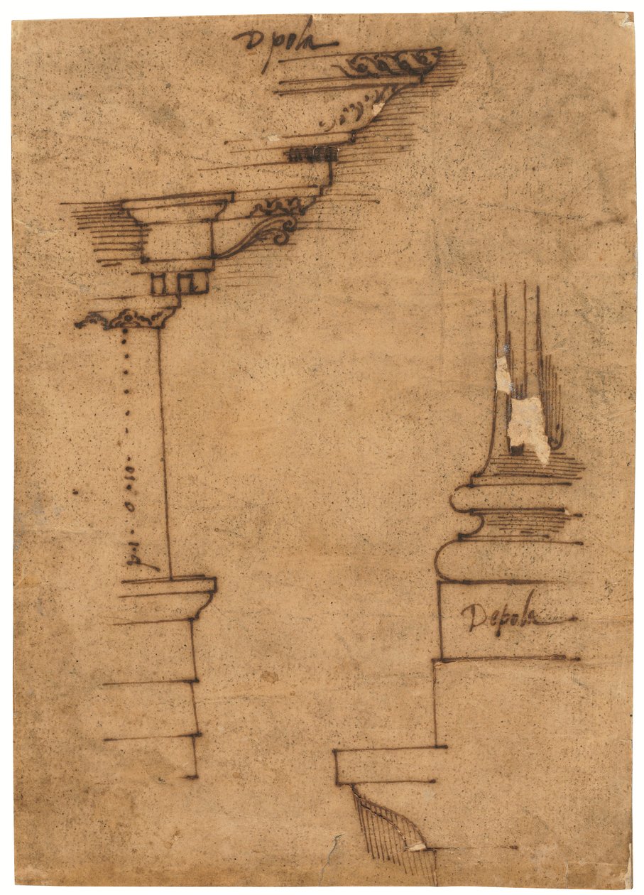 Progetto per una trabeazione e la base di un piedistallo (penna e inchiostro bruno, su carta da lucido) da Raffaello da Montelupo