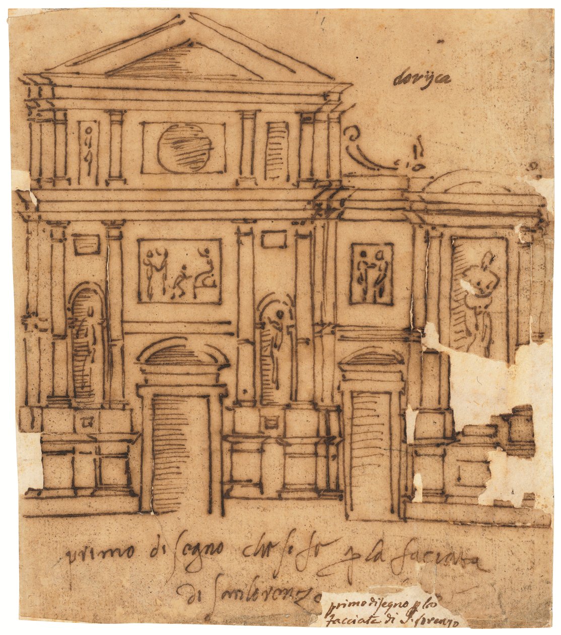 Progetto per la facciata di San Lorenzo, Firenze (penna e inchiostro bruno, su carta da lucido) da Raffaello da Montelupo