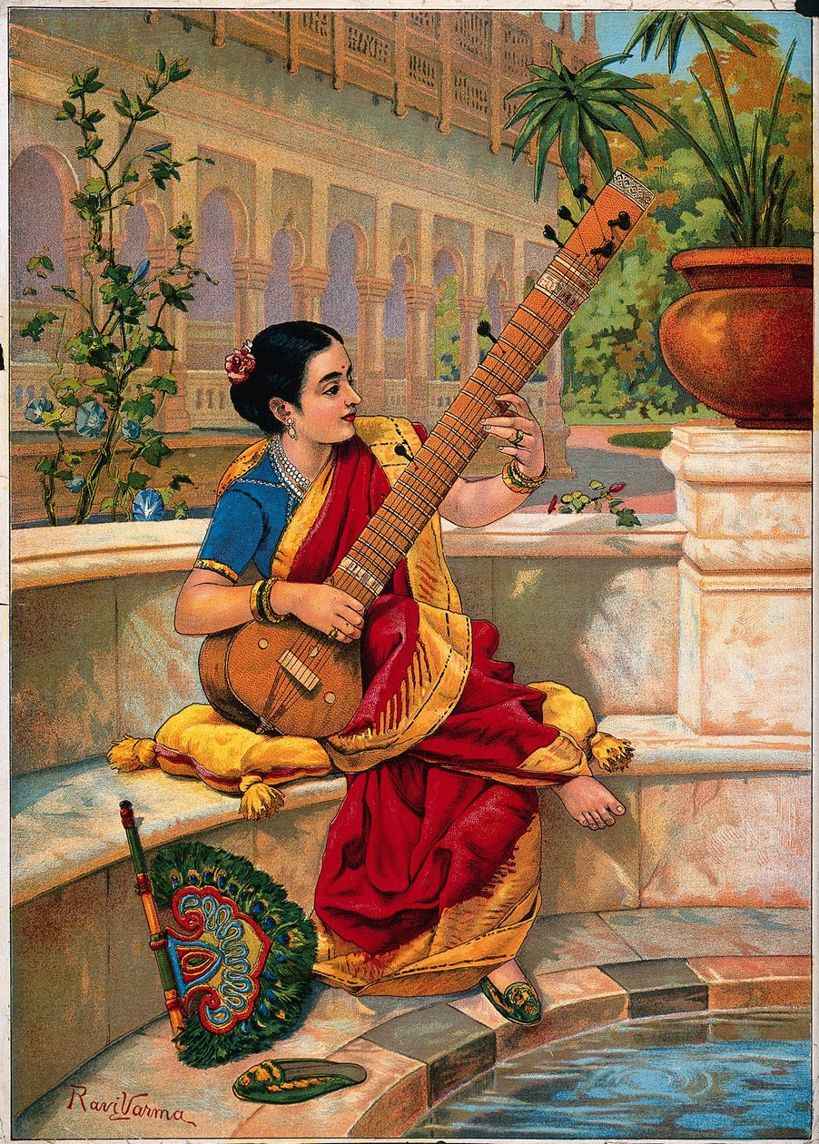Una donna indiana seduta suona un sitar accanto a un laghetto da giardino. da Raja Ravi Varma
