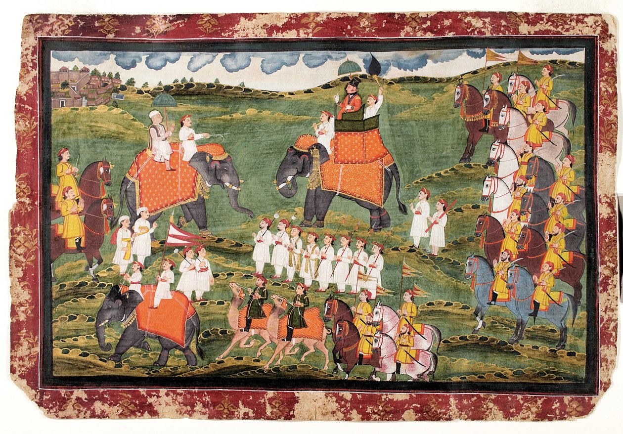 Colonnello James Tod e Guru Gyanchandra che cavalcano elefanti vicino a Udaipur, ottobre 1822 da Rajasthani School