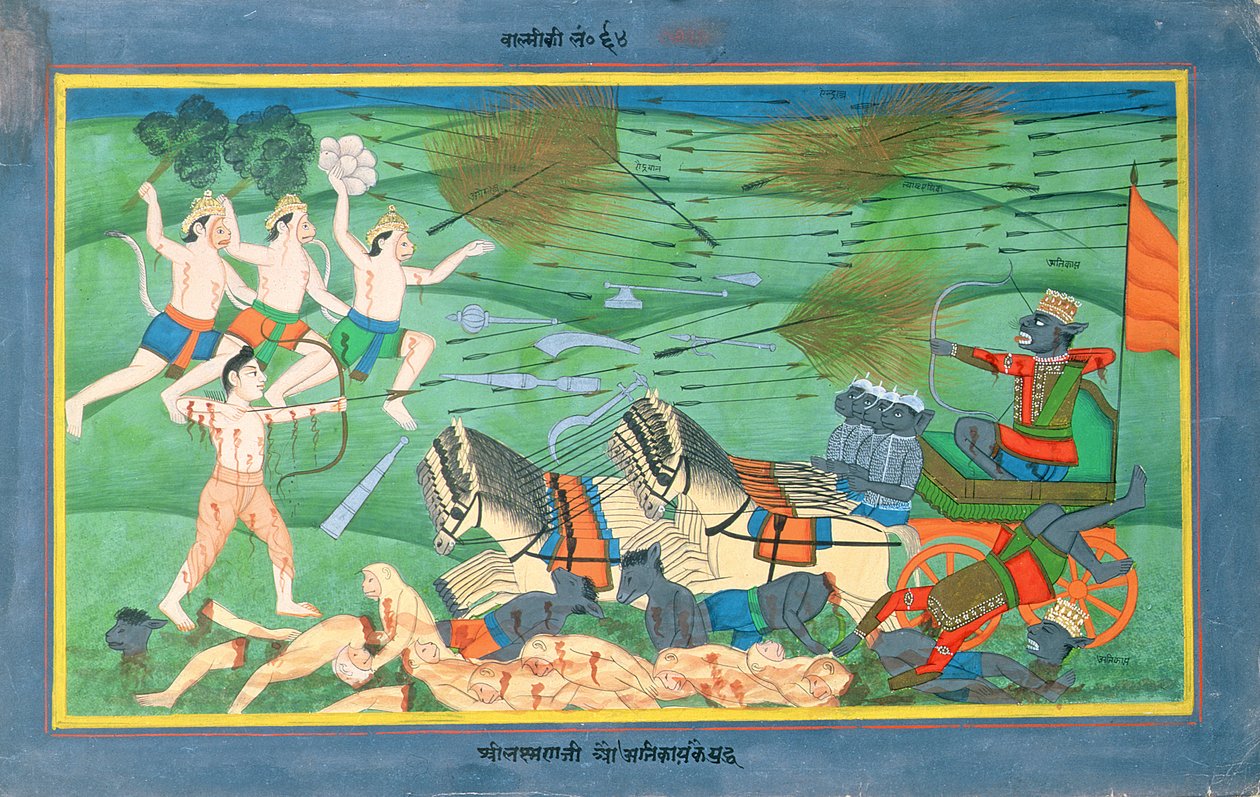 La battaglia di Lanka, tra Rama e Ravana, Re dei Rakshasa, dal Ramayana, inizio XIX secolo da Rajasthani School