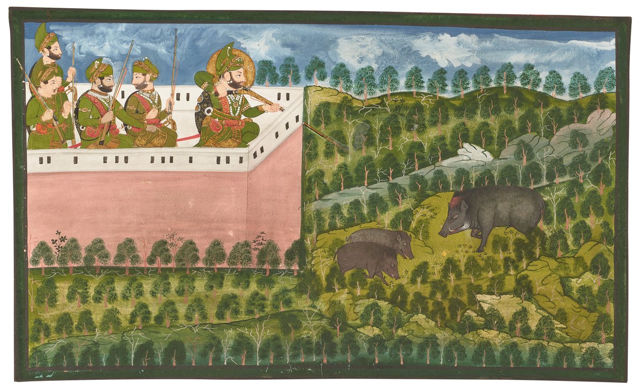 Un dipinto di Maharana Jawan Singh (r.1821-38) che caccia cinghiali da Rajasthani School