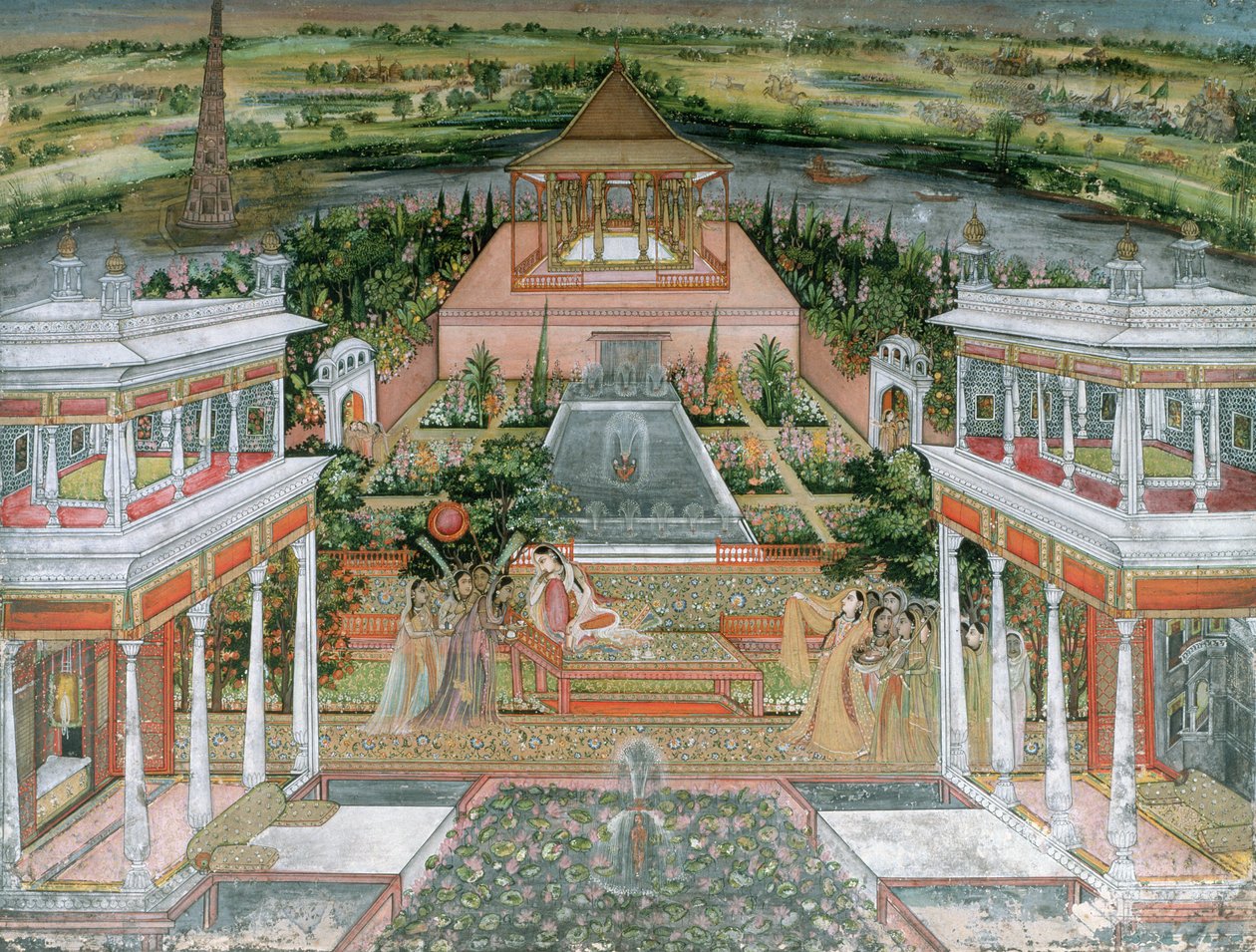Una principessa Mughal intrattenuta da assistenti femminili in un giardino del palazzo in Rajasthan, 1700 da Rajput School