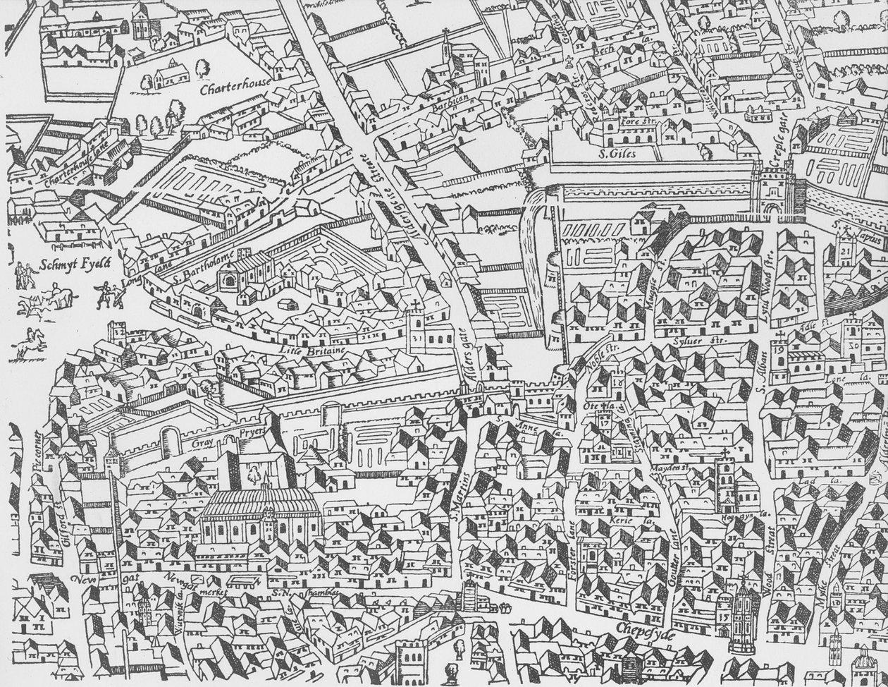 (dettaglio) Muro di Londra a est di Smithfield da Civitas Londinium da Ralph Agas
