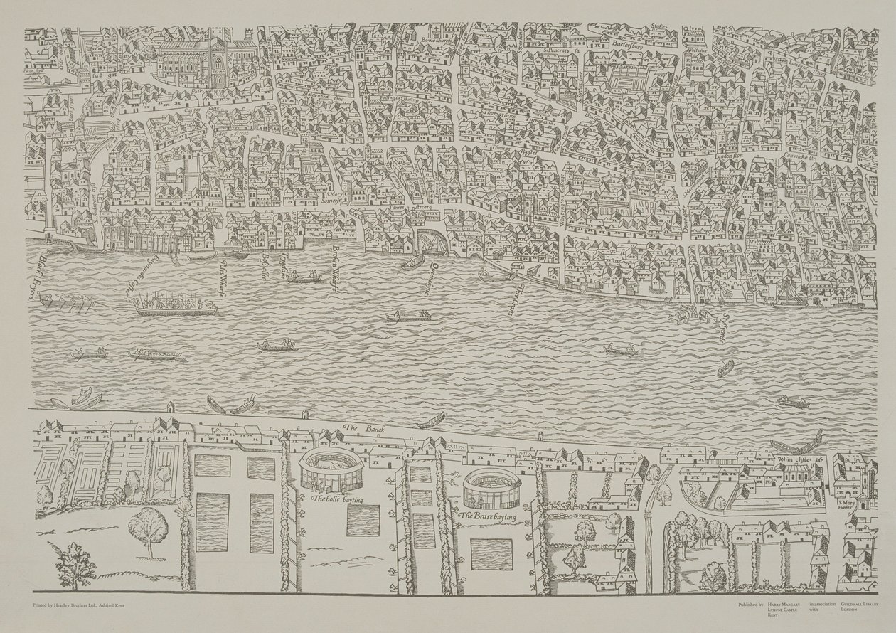 Mappa di Londra, che mostra il giardino per la lotta con gli orsi a Southwark, c.1561 da Ralph Agas