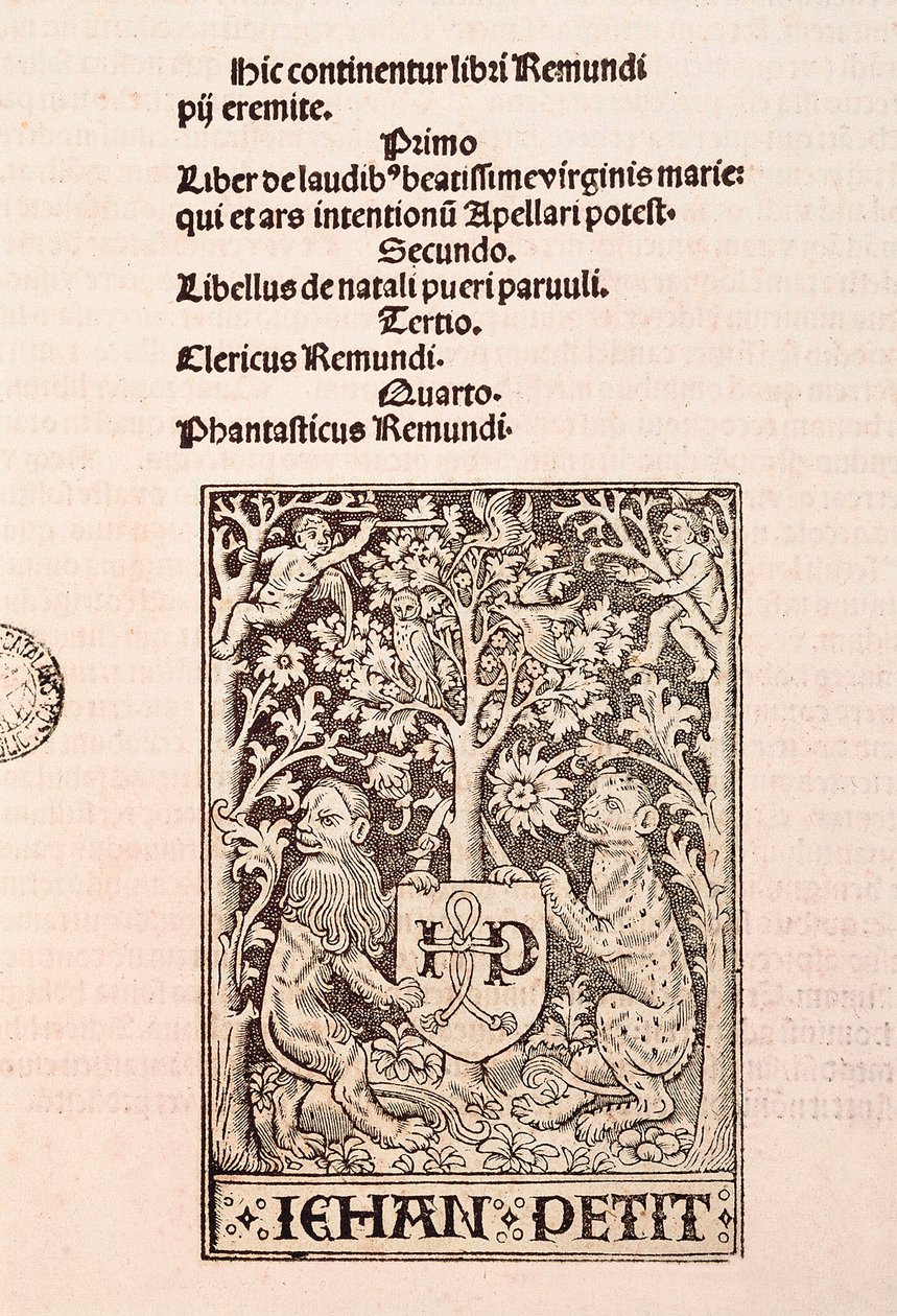 Pagina del codice "De Laudibus Beatissimae Virginis Mariae" di Ramon Llull (1235-1315), raffigurante due leoni che tengono lo stemma del tipografo Jehan Petit da Ramon Llull