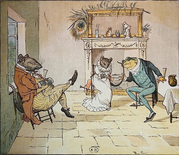 Per favore, signor Rana, ci canterà una canzone?, illustrazione da A Frog Who Would a Wooing Go da Randolph Caldecott