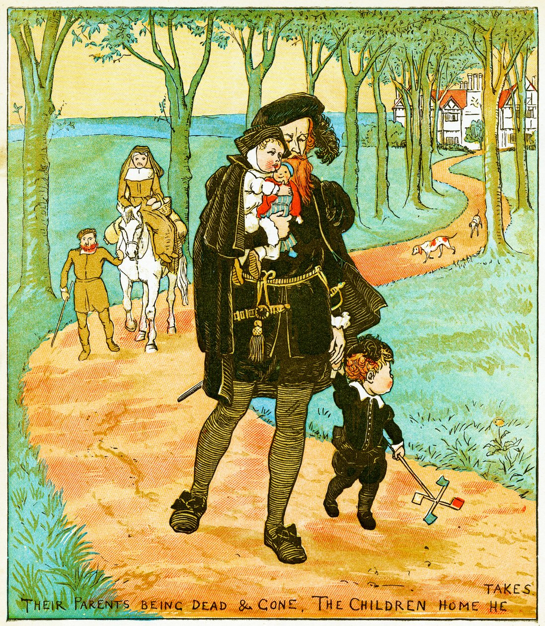 "I genitori morti e sepolti, i bambini porta a casa", illustrazione per Babes in the wood da Randolph Caldecott
