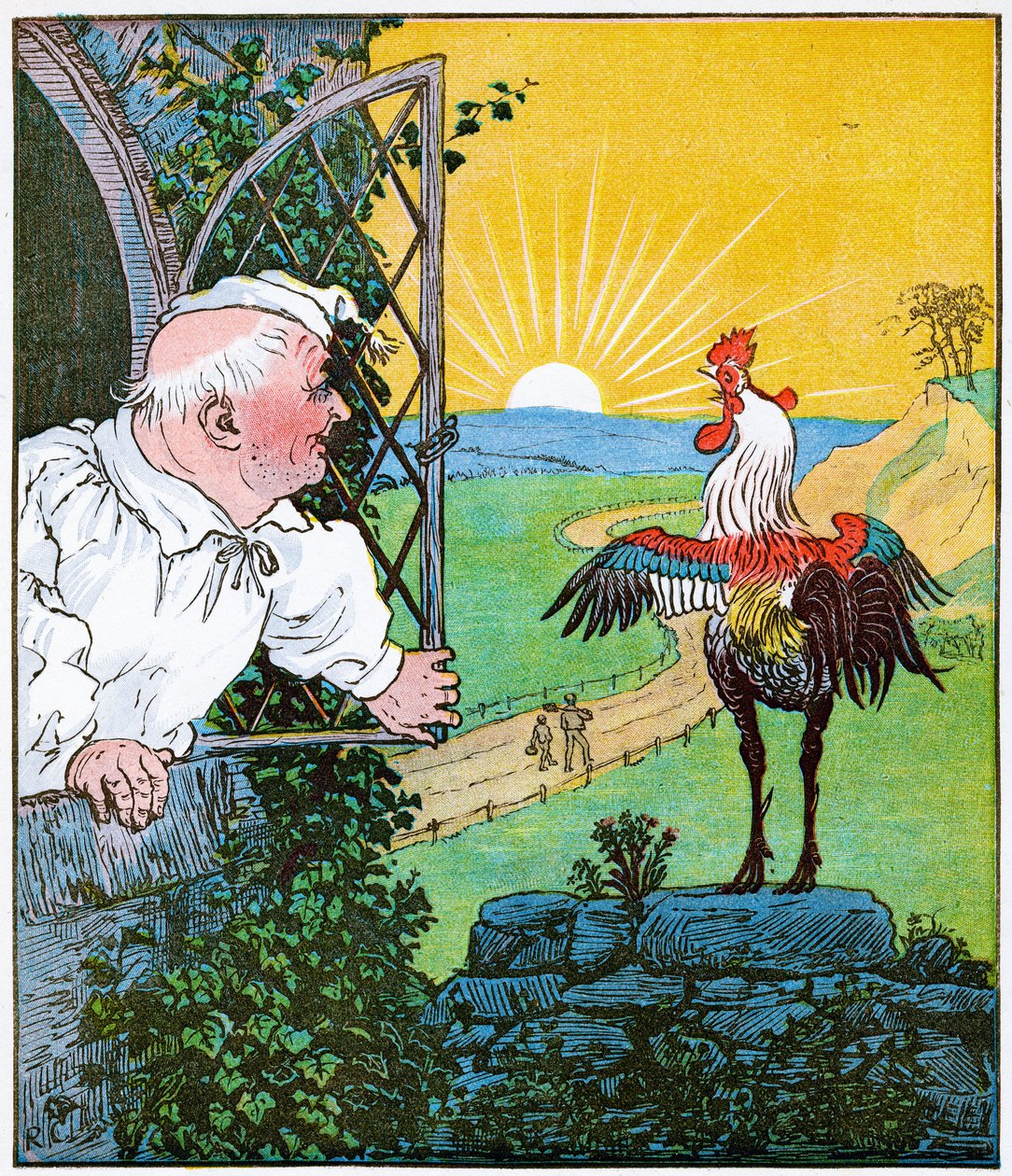 Questo è il gallo che cantò al mattino, che svegliò il giudice tutto rasato e pettinato, illustrazione da La casa che Jack costruì, 1896 da Randolph Caldecott