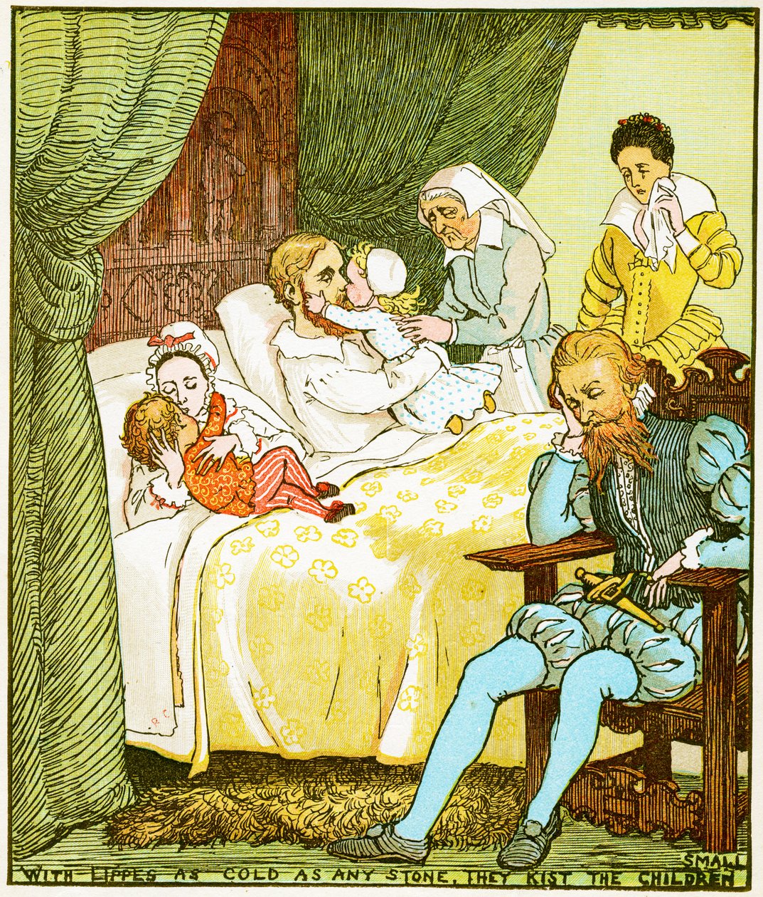 Con labbra fredde come qualsiasi pietra, baciano i bambini piccoli, illustrazione per Bambini nel bosco, 1885 da Randolph Caldecott