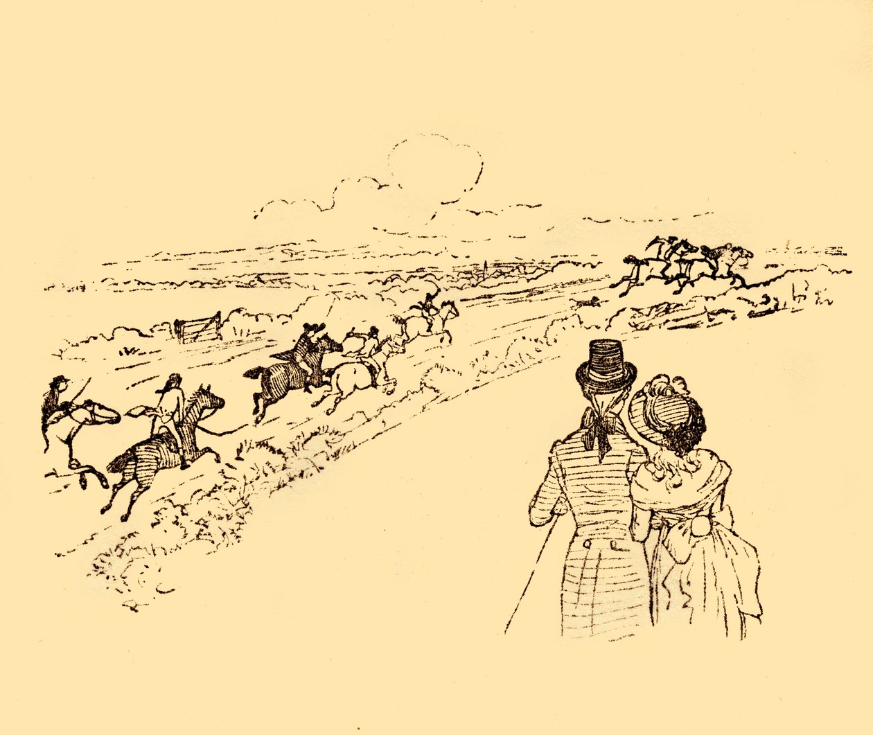 Spettatori guardano mentre John Gilpin viene inseguito attraverso la campagna da Randolph Caldecott
