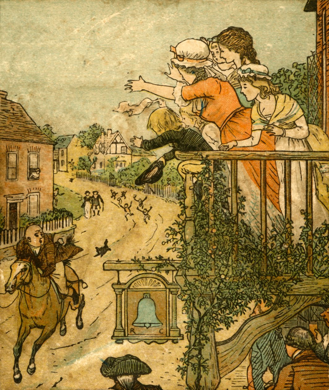 John Gilpin galoppa oltre il Bell Inn mentre sua moglie e i suoi figli salutano dal balcone, 1878, c1918 da Randolph Caldecott
