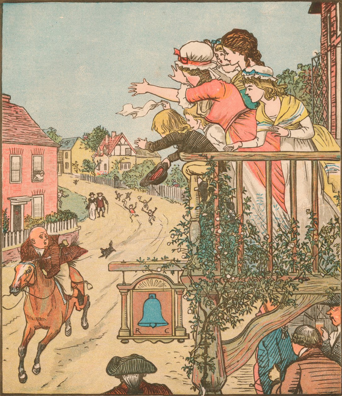 John Gilpin galoppa oltre il Bell Inn mentre sua moglie e i suoi figli salutano dal balcone, 1878, c1918 da Randolph Caldecott